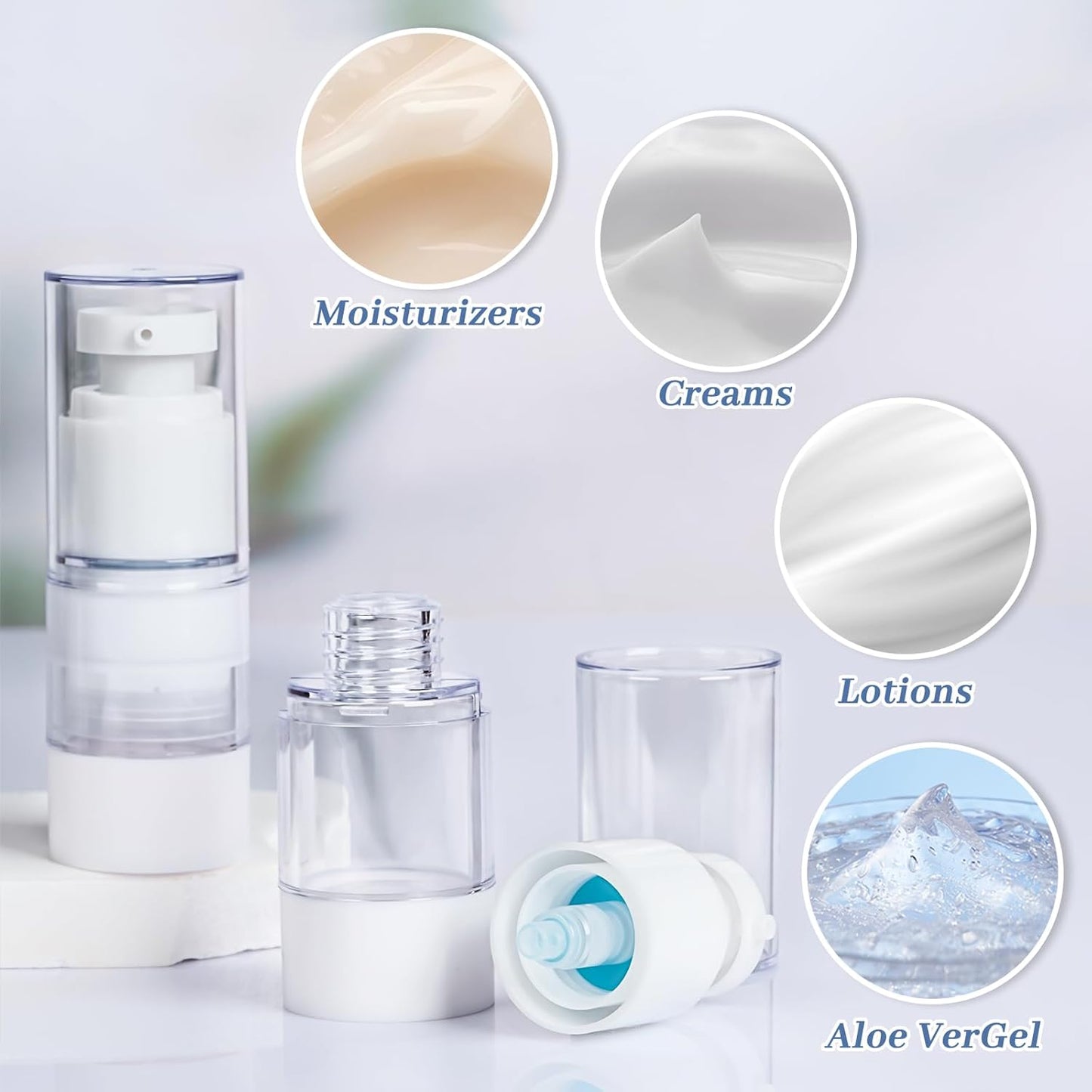 TUZAZO 6 Pack 0.5 Oz/15 ML Airless Pump Bottles, Clear Plastic Travel Size Pump Bottles, Refillable Vacuum Cosmetic Containers Lotion Dispenser for Foundation, Cream, Shampoo