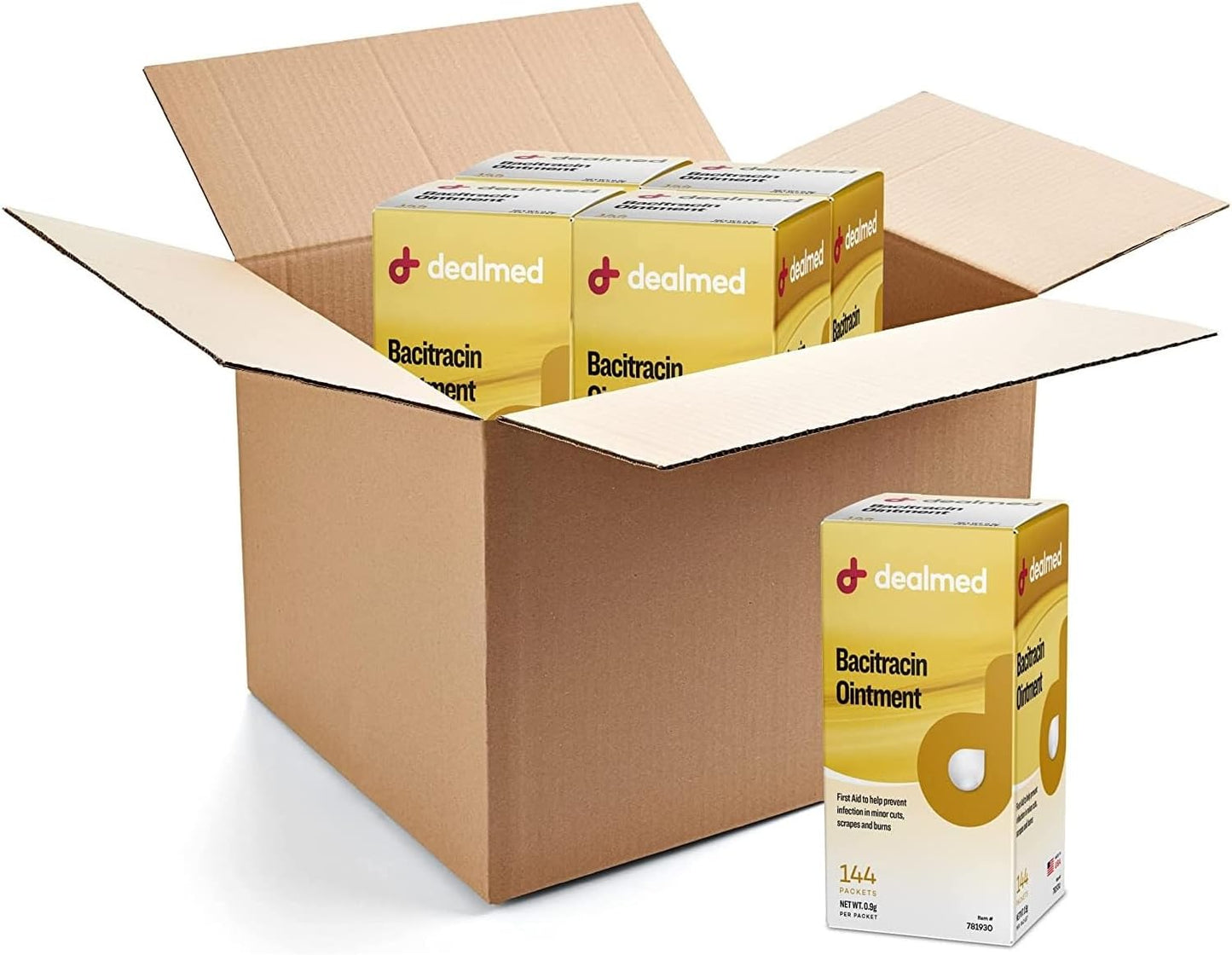 Dealmed Bacitracin Ointment – Made in The USA, First Aid Antibiotic Pain Relieving Ointment for Minor Cuts, Scrapes, and Burns, 144 Packets/Box (.5g) - Case of 12