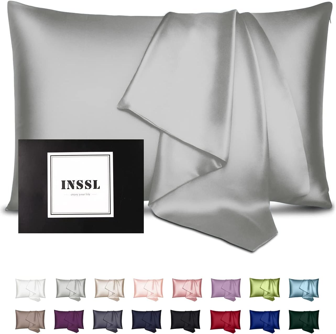 INSSL Silk Pillowcase for Women, Mulberry Silk Pillowcase for Hair and Skin and Stay Comfortable and Breathable During Sleep (Standard, Grey)