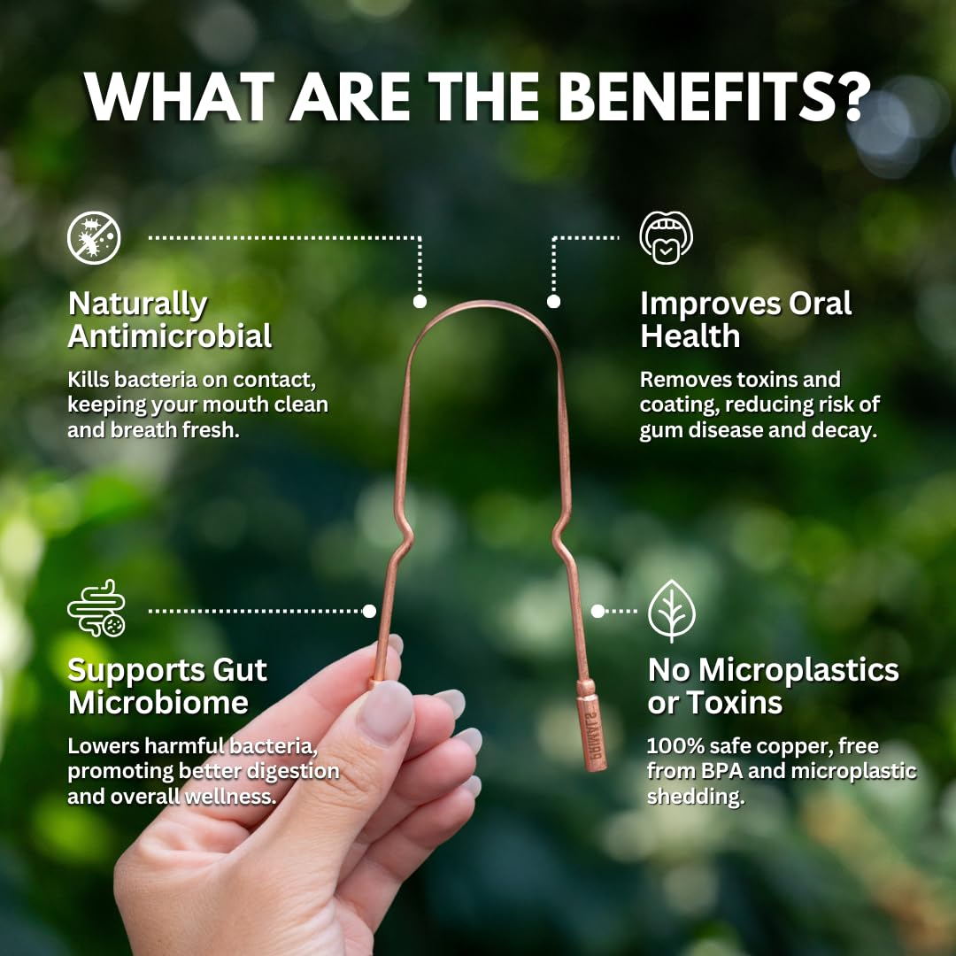 PRIMALS Copper Tongue Scraper - Fresher Breath & Improved Oral Health - Natural Ayurvedic Cleaner for Daily Detox - Rust-Resistant, Eco-Friendly with Travel Cloth Pouch Included (1 Count)