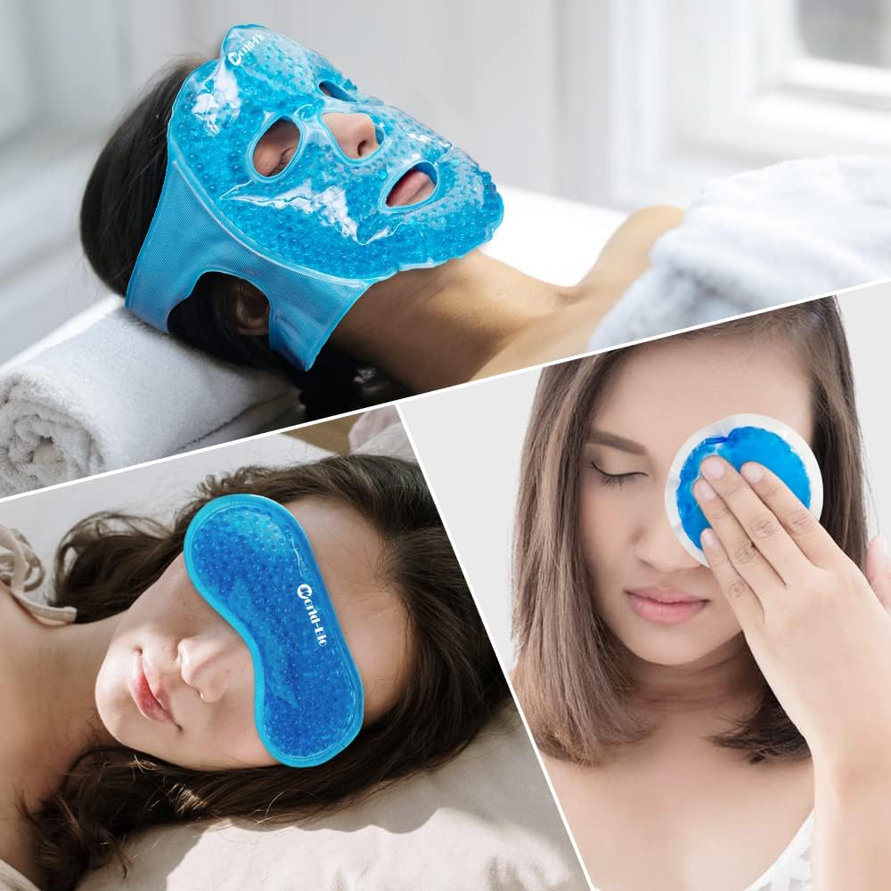 WORLD-BIO Reusable Ice Face Mask & Cooling Eye Mask - Cold Therapy Gel Pack for Puffy Eyes, Dark Circles Relief, Headache & Migraine Soothing - 3 Pcs Set with Adjustable Strap & Freezable Gel