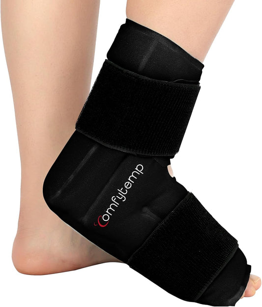 Comfytemp Large Ankle Foot Ice Pack Wrap for Plantar Fasciitis Relief, Feet Brace for Sprained Ankle, Heel Spur, Swelling, Tendonitis, Pain, Hot & Cold Therapy, Surgery Get Well Gift, 1 Pack (Black)
