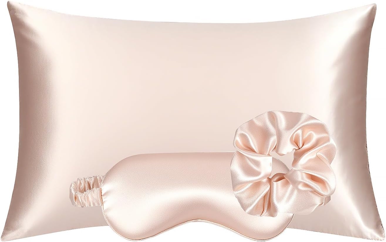 Vegan Silk Sleep Set, Vegan Silk Pillowcase with Large Scrunchie and Eye Mask for Hair and Skin, Self Care Essential Satin Night Routine Kit (Light Pink Color)