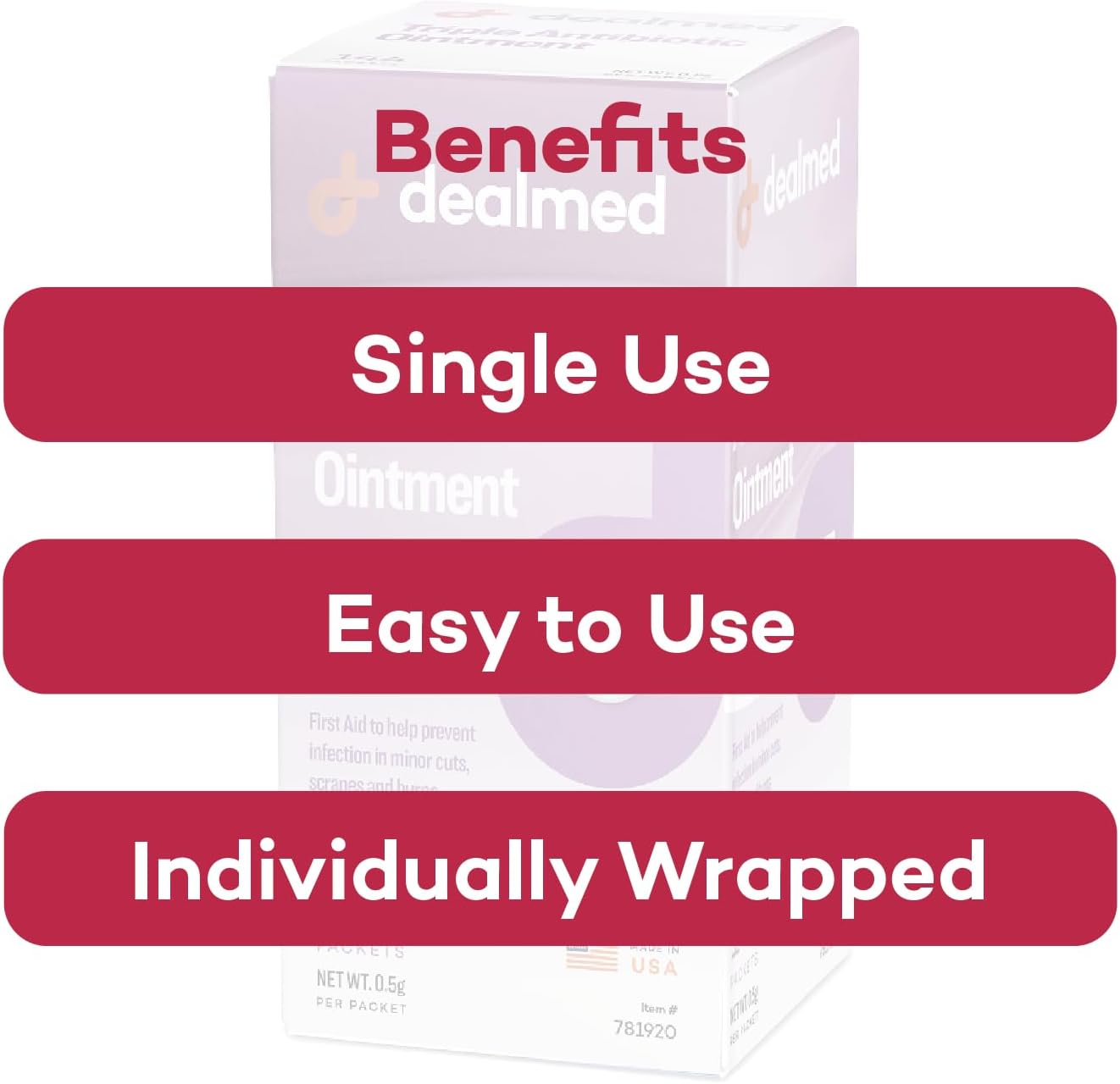 Dealmed Triple Antibiotic Ointment – Made in The USA, Single-Use Packets for Instant Relief from Cuts, Scrapes and Burns, 144 Packets/Box (.5g) - Case of 12