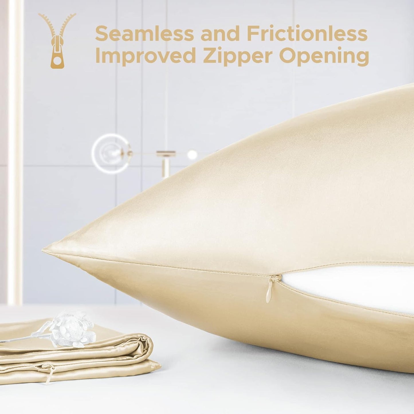 100% Pure Mulberry Silk Pillowcase for Hair and Skin - Allergen Resistant Dual Sides,600 Thread Count Silk Bed Pillow Cases with Hidden Zipper,1pc,Queen Size,Champagne