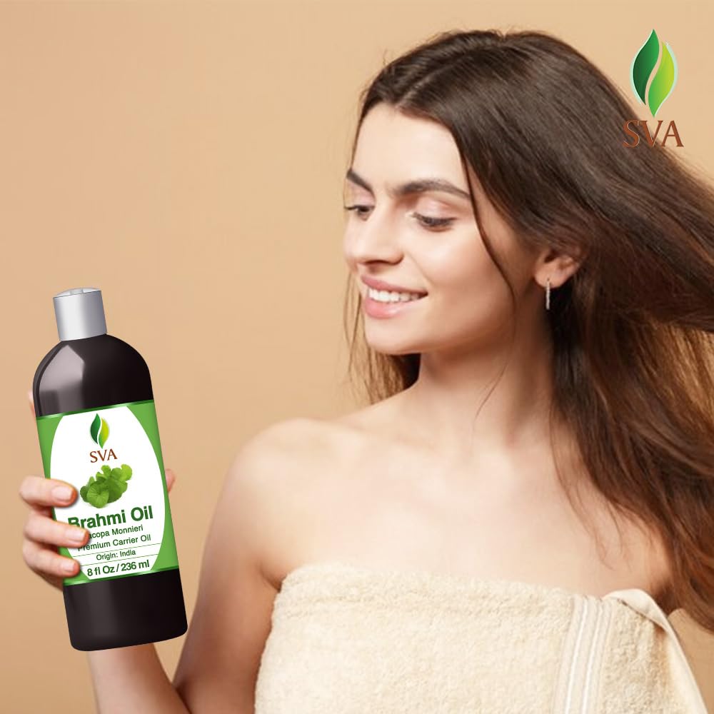 SVA Brahmi Oil - 8 Fl Oz – 100% Natural Cold Pressed Brahmi Oil - for Face, Skin Care, Hair Care, Scalp Massage & Body Massage – Carrier Oil with Pump