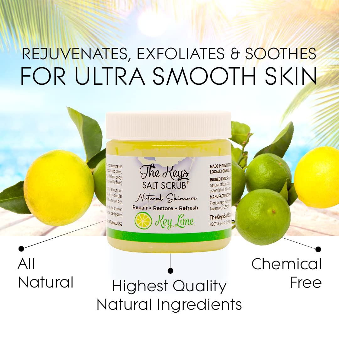 The Keys Salt Scrub -Sea Salt Scrub - Exfoliating Body Scrub with Wooden Spoon - Moisturizing Exfoliator for Hands, Foot, Bath, (3.4 Ounce (Pack of 1), Key Lime)