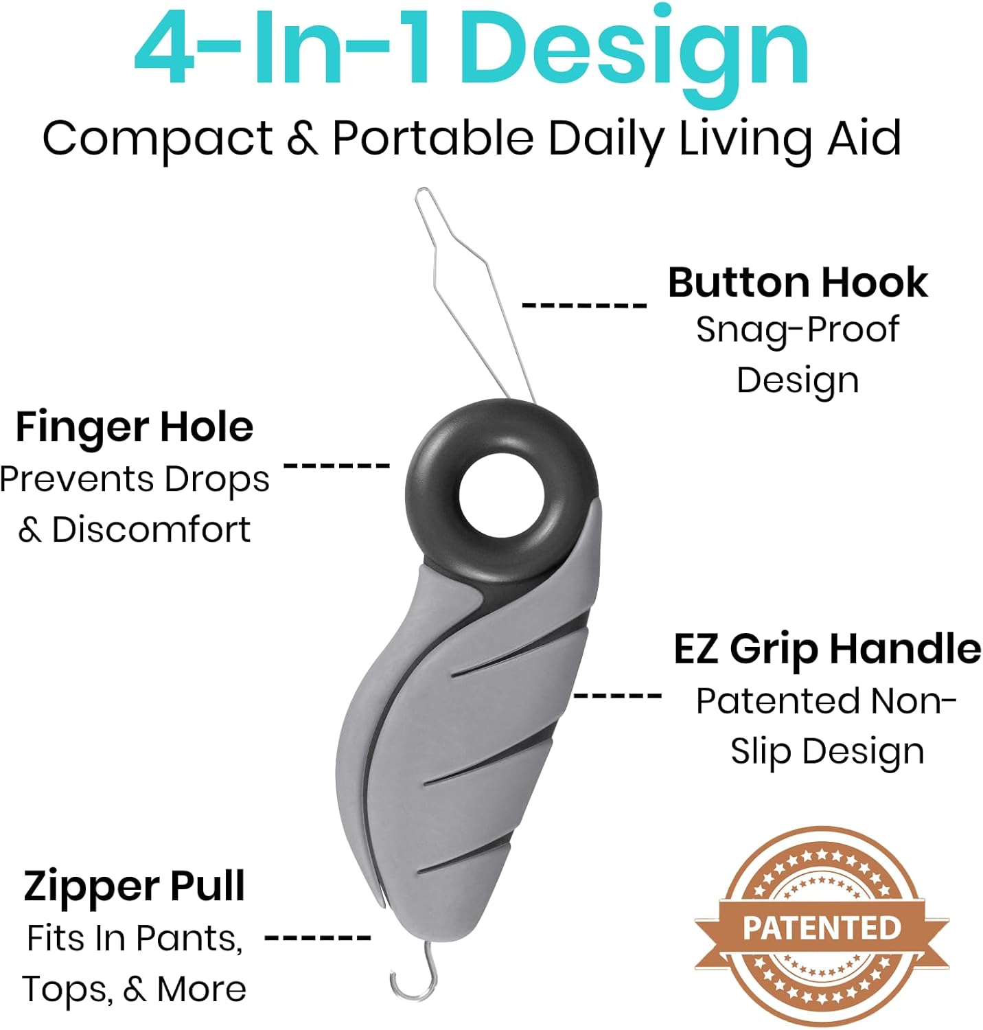 Vive Button Hook with Finger Hole - Zipper Gripper Pull Helper - Dressing Aid Assist - Buttoning Tool Device for Arthritis, Limited Mobility, Independent Living - Dexterity Handle Grip for Clothes