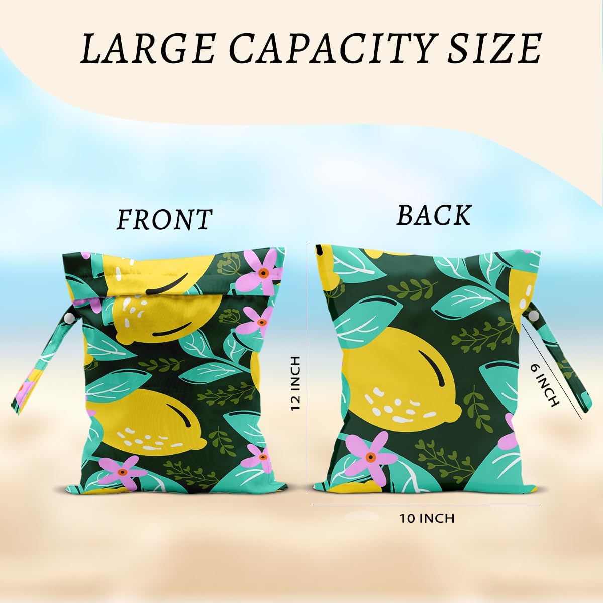 2Pcs Lemon Wet Bags 12x10 Inch, Flowers Waterproof Reusable Wet Dry Bags, Summer Washable Travel Laundry Bag for Swimsuit Beach Diapers Dirty Yoga Gym Clothes, Lemon Gifts for Women Friend Travelers