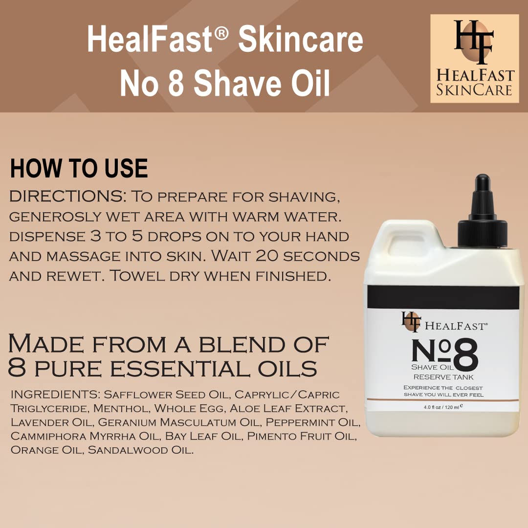 Healfast No 8 Shaving Oil Reserve Tank 4 Oz – Softens, Cleanses Pores – Prevents Razor Drag, Burn & Ingrown Hairs – Shave Oil for Men & Women – Can be used Before & After-Shave