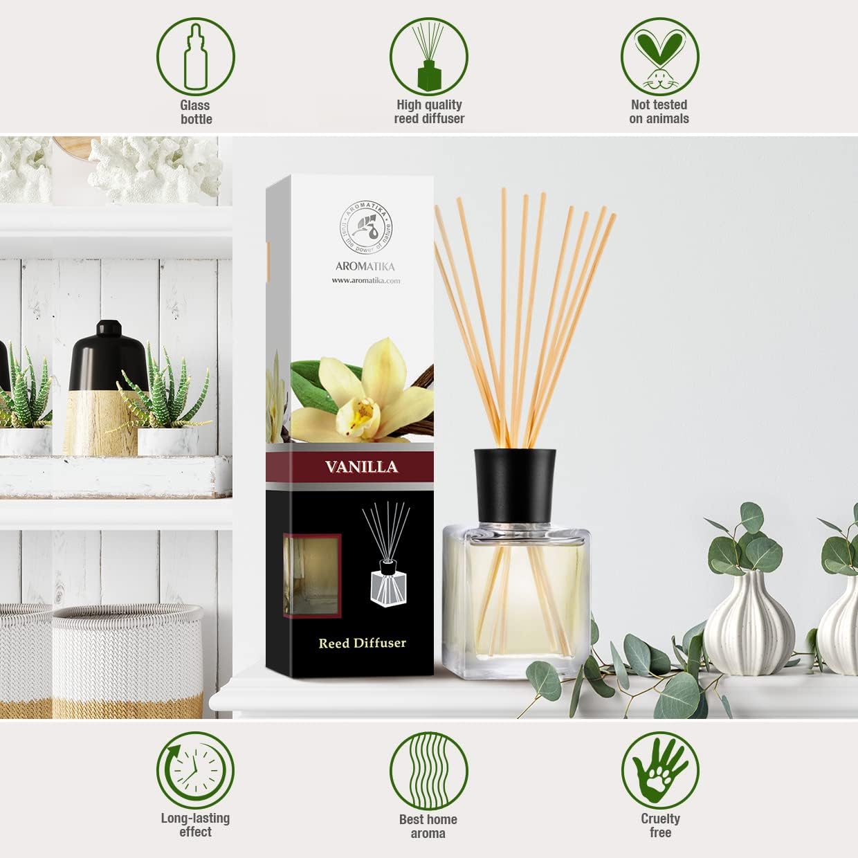 Reed Diffuser with Natural Essential Oil Vanilla 6.8 Fl Oz (200ml) - Scented Reed Diffuser - Gift Set with Bamboo Sticks - Best for Aromatherapy - SPA - Home - Office - Fitness Club