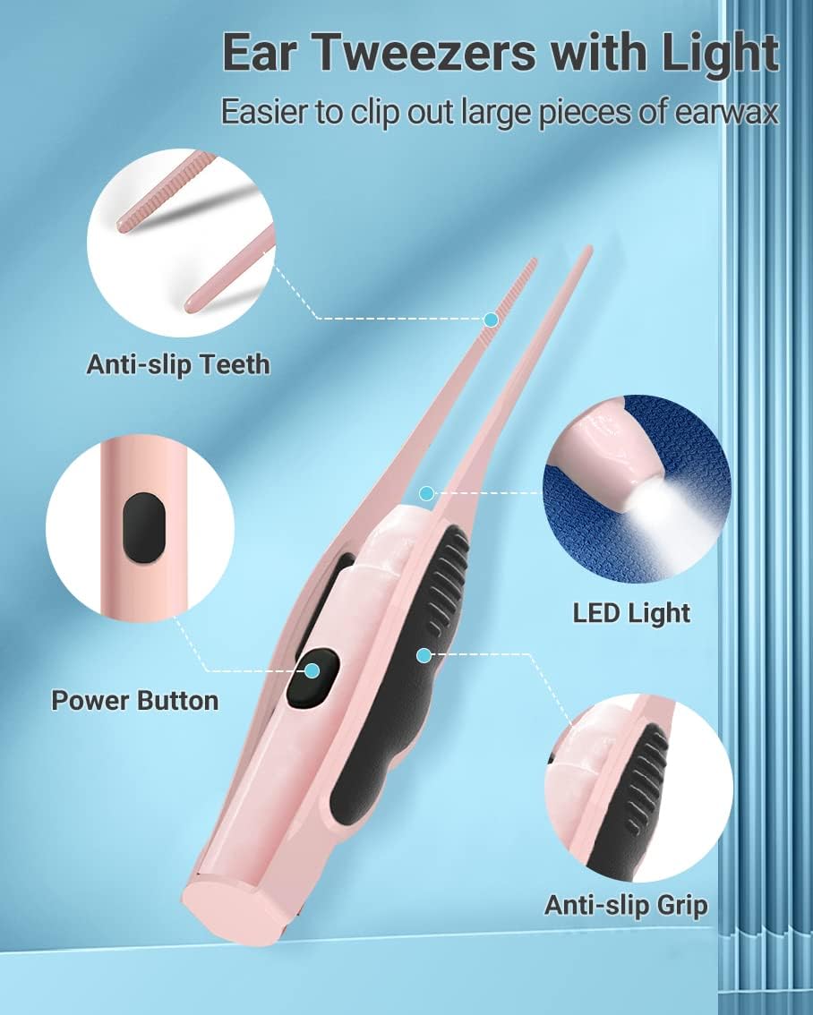 Ear Wax Removal with Light, Earwax Removal Kit Upgraded All in One Rechargeable Ear Cleaning Kit with Light/Ear Pick Digger/Ear Tweezers/Spiral Spring Ear Spoon for Adults Kids and Pets (Pack of 7)