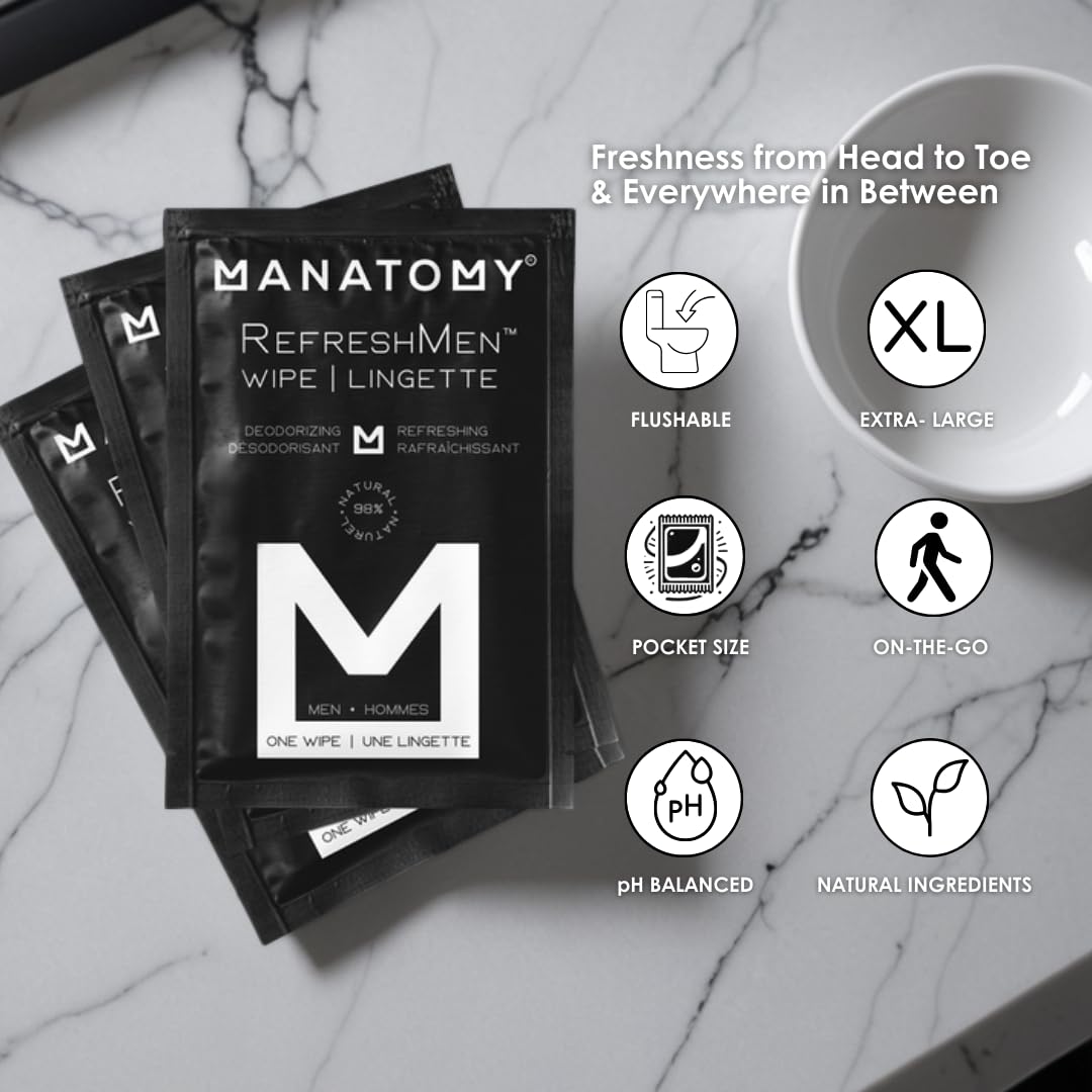MANATOMY® RefreshMen Hygiene Wipes, On-the-Go Individually Wrapped, Refreshing and Hydrating Body Wipes with Aloe Vera & Chamomile, Extra-Thick & Large, Designed for Men, 24ct