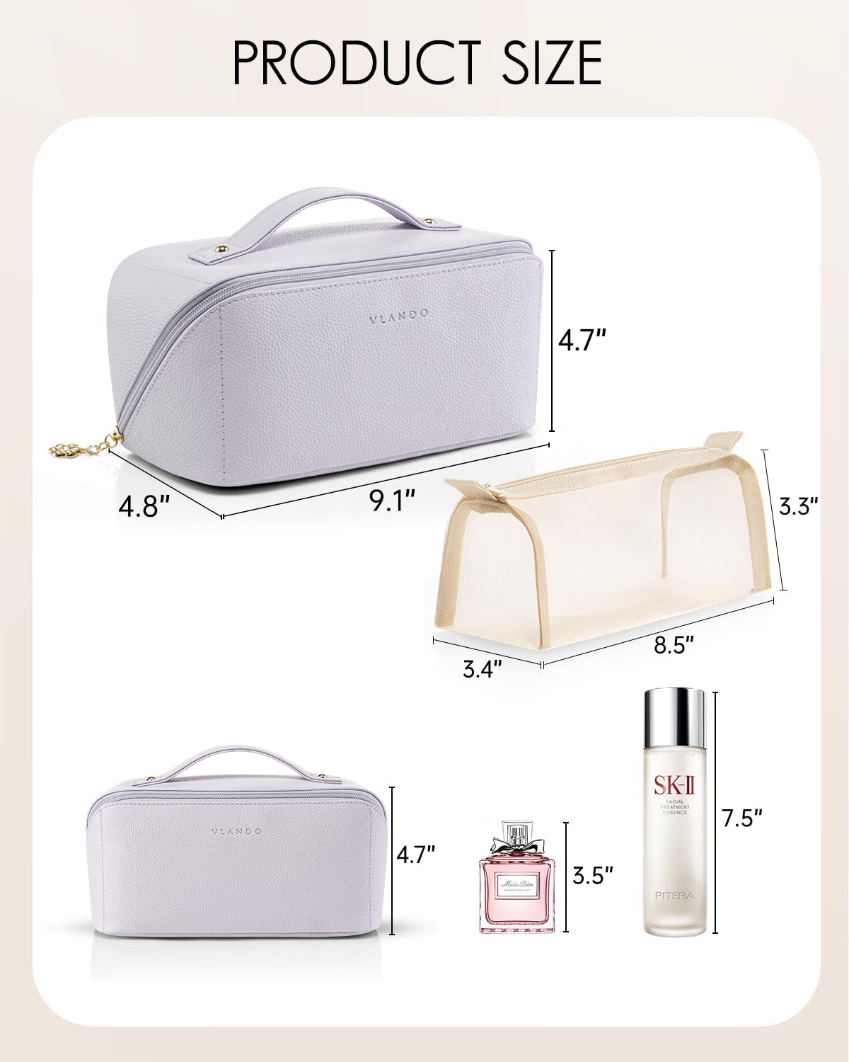 Vlando Makeup Bag,Large Capacity Toiletry Bag for Women Waterproof Portable Make up Pouch PU Leather Open Flat Cosmetic Bag(Purple)