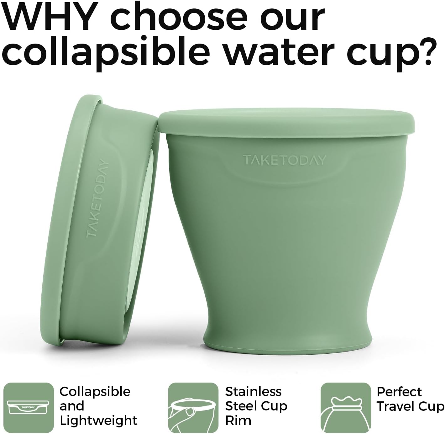 TakeToday Collapsible Travel Cup - Silicone Foldable Water Cup, BPA-Free with Lid & Waterproof Bag - Drinking Cup Set for Office, Camping & International Travel(8 Oz, Green)