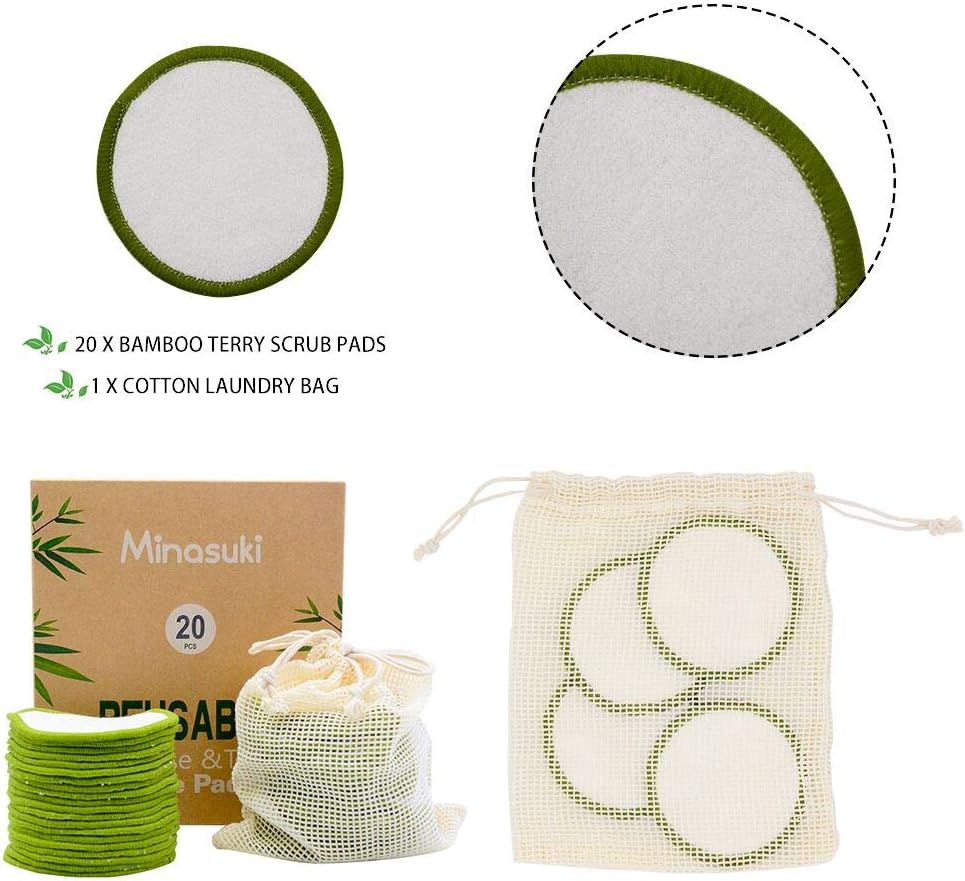20 Pack Reusable Makeup Remover Pads - Bamboo Reusable Cotton Rounds for Toner, Washable Pads for All Skin Types with Cotton Bag