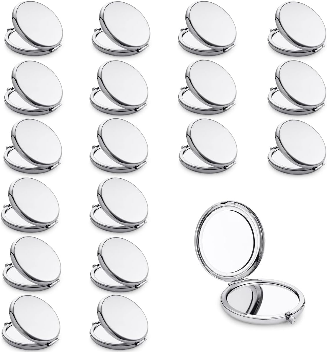 Compact Mirror, Pocket Travel Makeup Mirror for Purse, Metal Round Shell, 2-Sided 1X/2X Magnifying, Portable, Folding, Handheld, Silver, 18 Pack