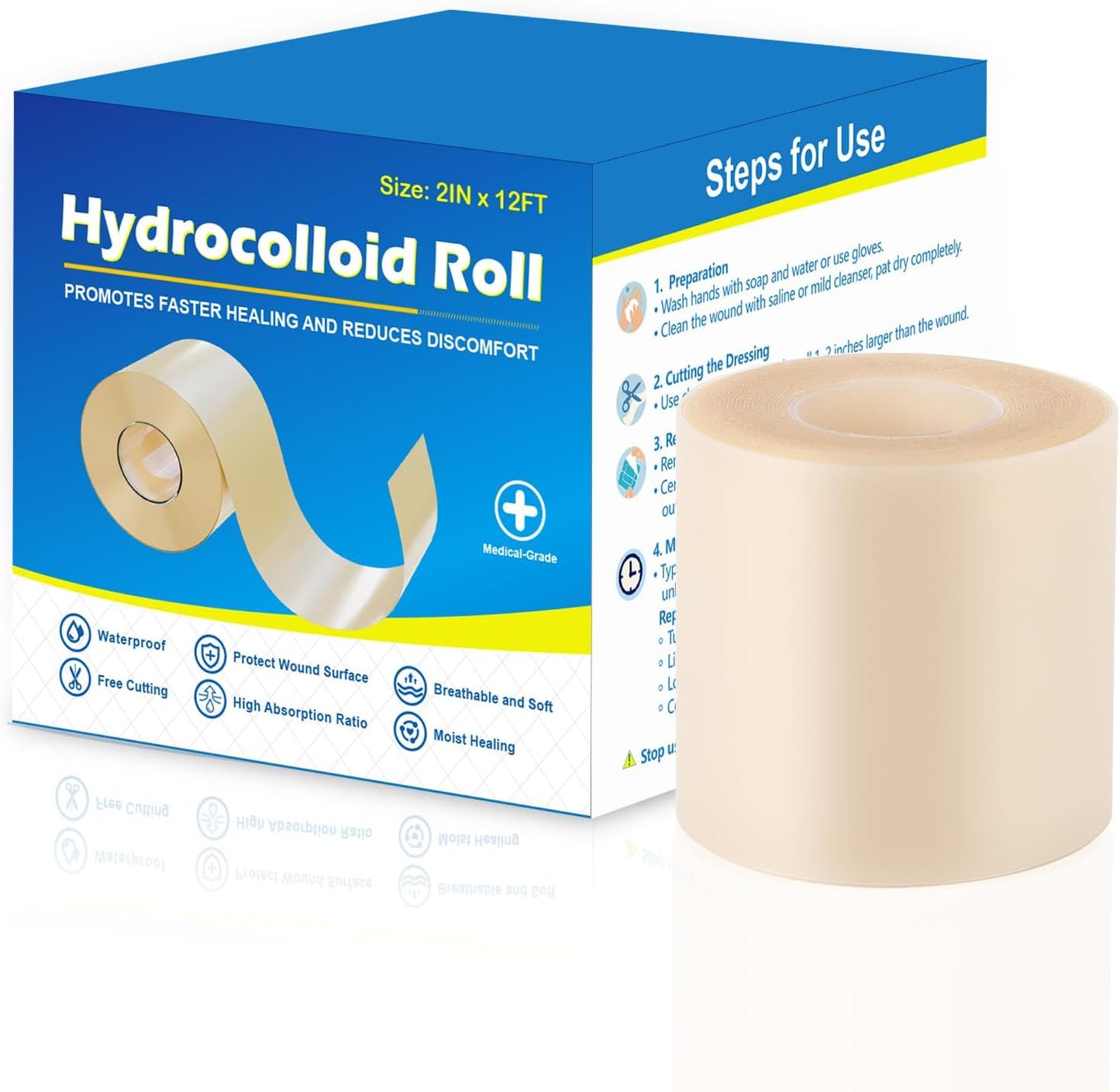Hydrocolloid Roll for Wound Care, Cut-to-Size, Extra Large Hydrocolloid Tape Patch Bandages with Self-Adhesive, Ultra Absorbent, Flexible & Waterproof, First Aid Kit Essential (2in*12ft)
