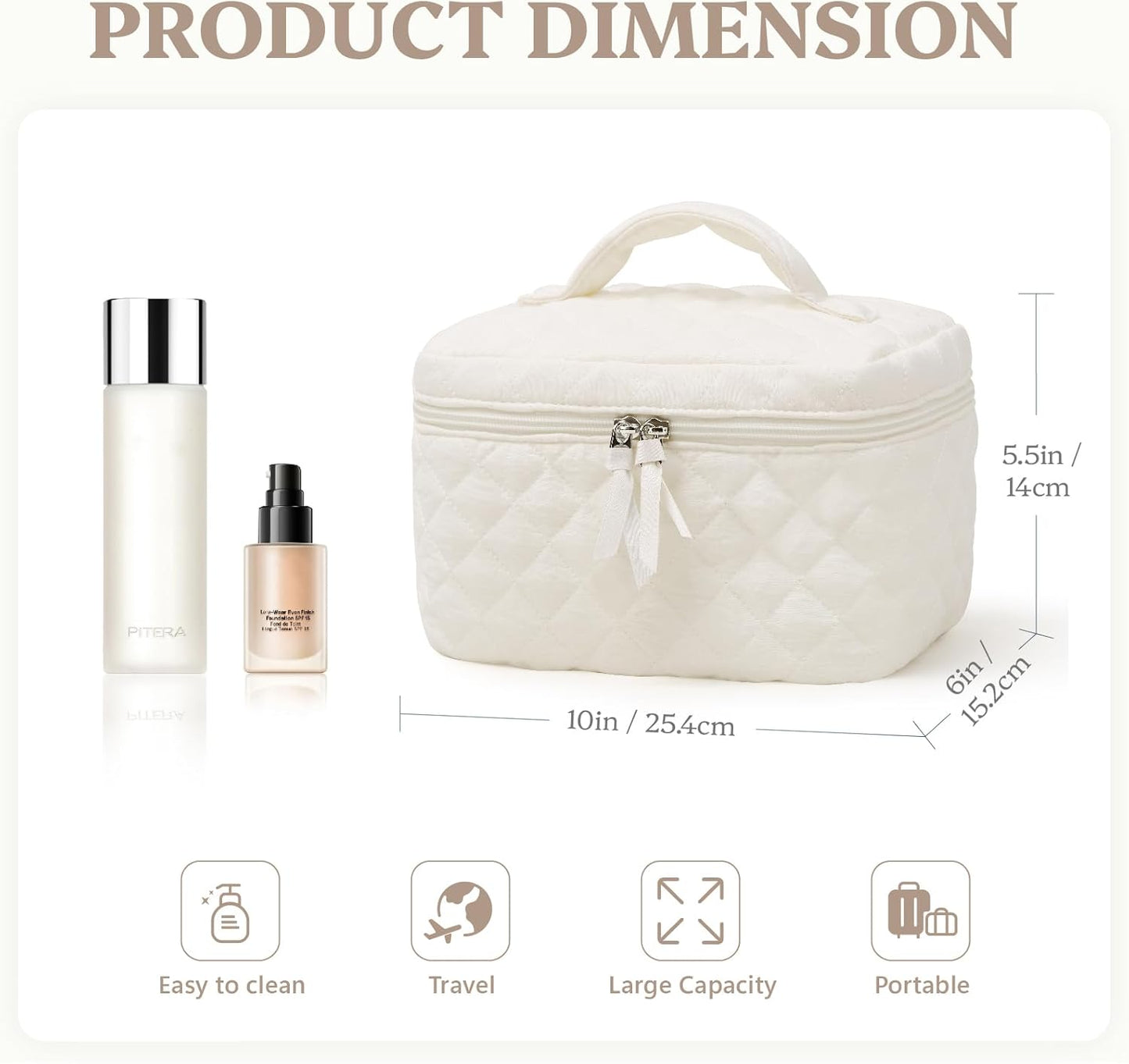 Prite Cotton Makeup Bag Quilted Makeup Bag Large Floral Cosmetic Bag for Women Cute Travel Toiletry Bag with Handle(Beige)