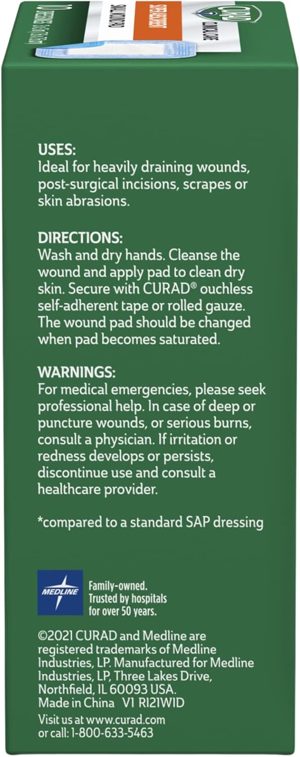 Curad Super Absorbent Wound Pad, Medium, 4" x 4", 10 Count, 3 Pack
