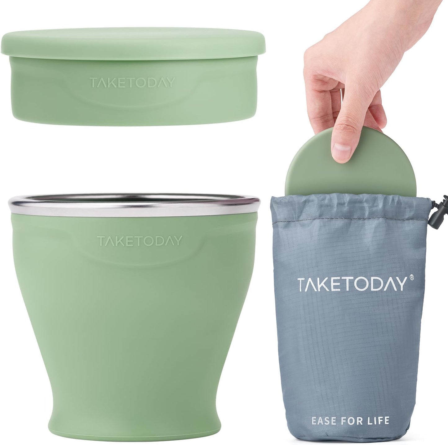 TakeToday Collapsible Travel Cup - Silicone Foldable Water Cup, BPA-Free with Lid & Waterproof Bag - Drinking Cup Set for Office, Camping & International Travel(8 Oz, Green)
