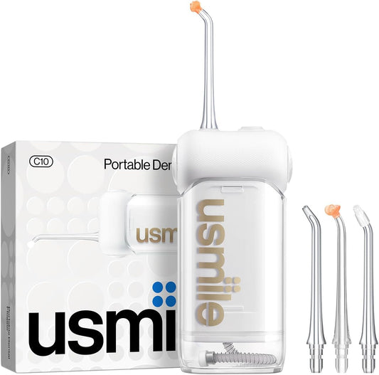 usmile C10 Portable Water Flosser – Travel-Friendly, 95-Day Battery, 4 Modes, 360° Nozzle, 180ml Tank, IPX7 Waterproof, Dentist-Recommended for Braces, Implants & Sensitive Gums (White)