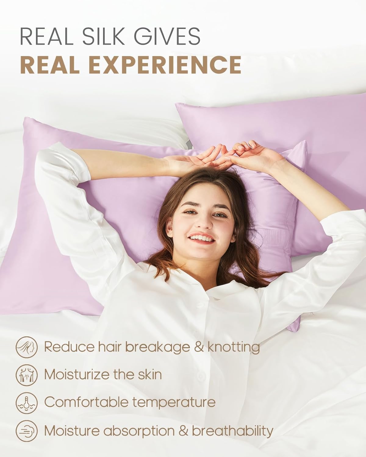 THXSILK Mulberry Silk Pillowcase for Hair and Skin, 100% Mulberry Silk Bed Pillowcase, Hypoallergenic Soft Breathable Silk Pillow Case with Hidden Zipper, King Pillow Case 20"x36", Light Purple