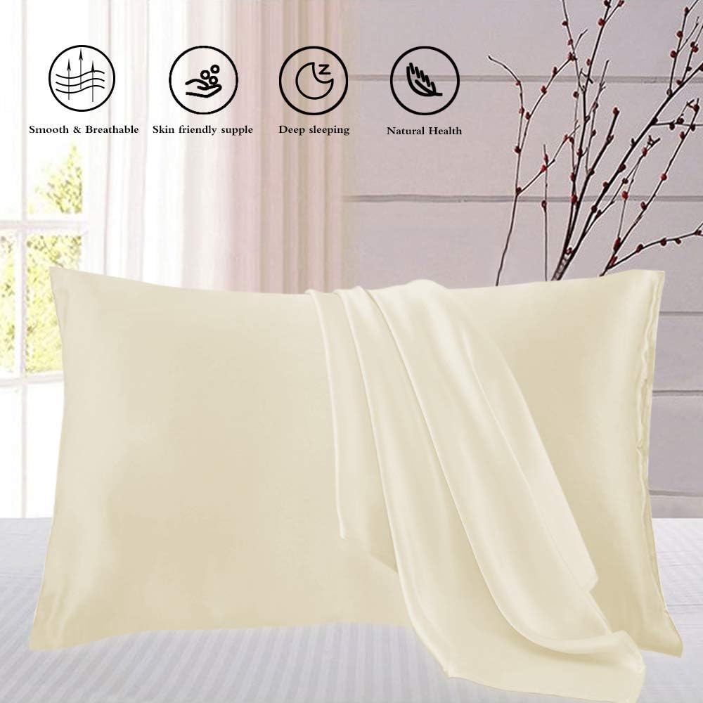 JUWENIN,Luxury Satin Pillowcase with Zipper (Silky Satin Pillow Case for Hair) Set of 2 (Queen, Beige)