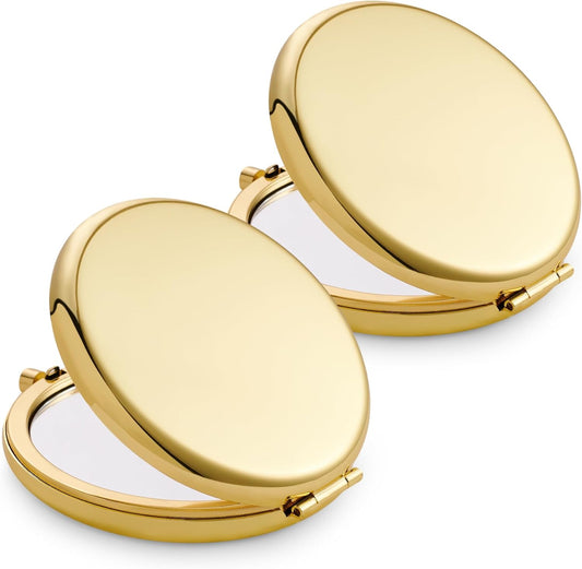 Compact Mirror, Pocket Travel Makeup Mirror for Purse, Metal Round Shell, 2-Sided 1X/2X Magnifying, Portable, Folding, Handheld, Gold, 2 Pack