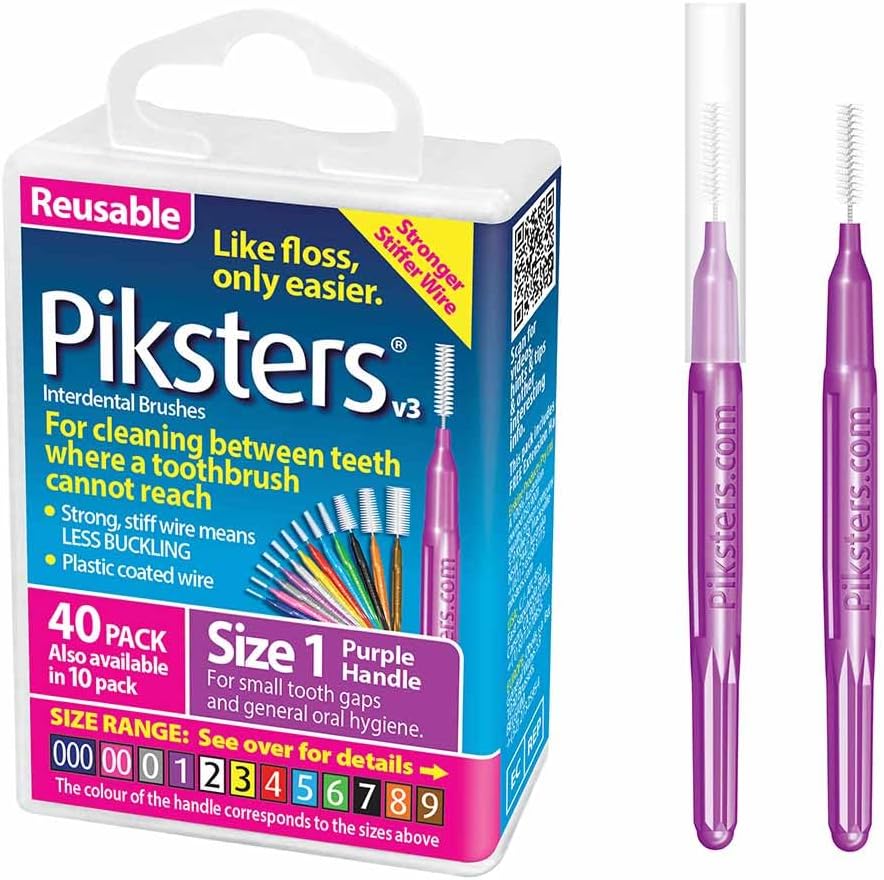 Piksters Interdental Brushes, 40 pk, Size 1, Interdental Tooth Brush for Tight Gaps, Gum Soft Bristles for Plaque Removal, Safe for Braces