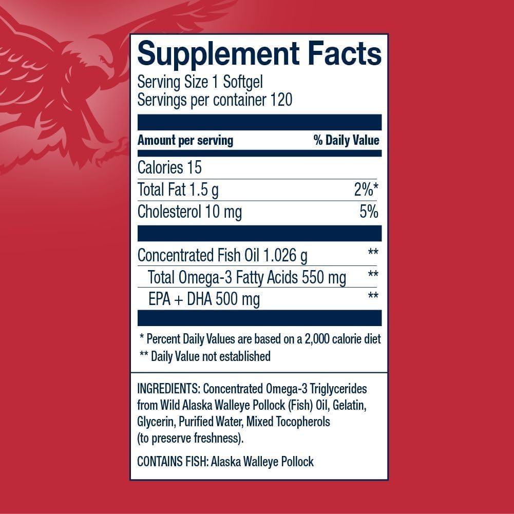 AmerOmega Triglyceride Omega-3 Fish Oil for Heart Health Support - Wild-Caught Alaskan Walleye Pollock - American-Sourced, American-Made - Non-GMO, Gluten-Free & Dairy-Free - 120 Softgels