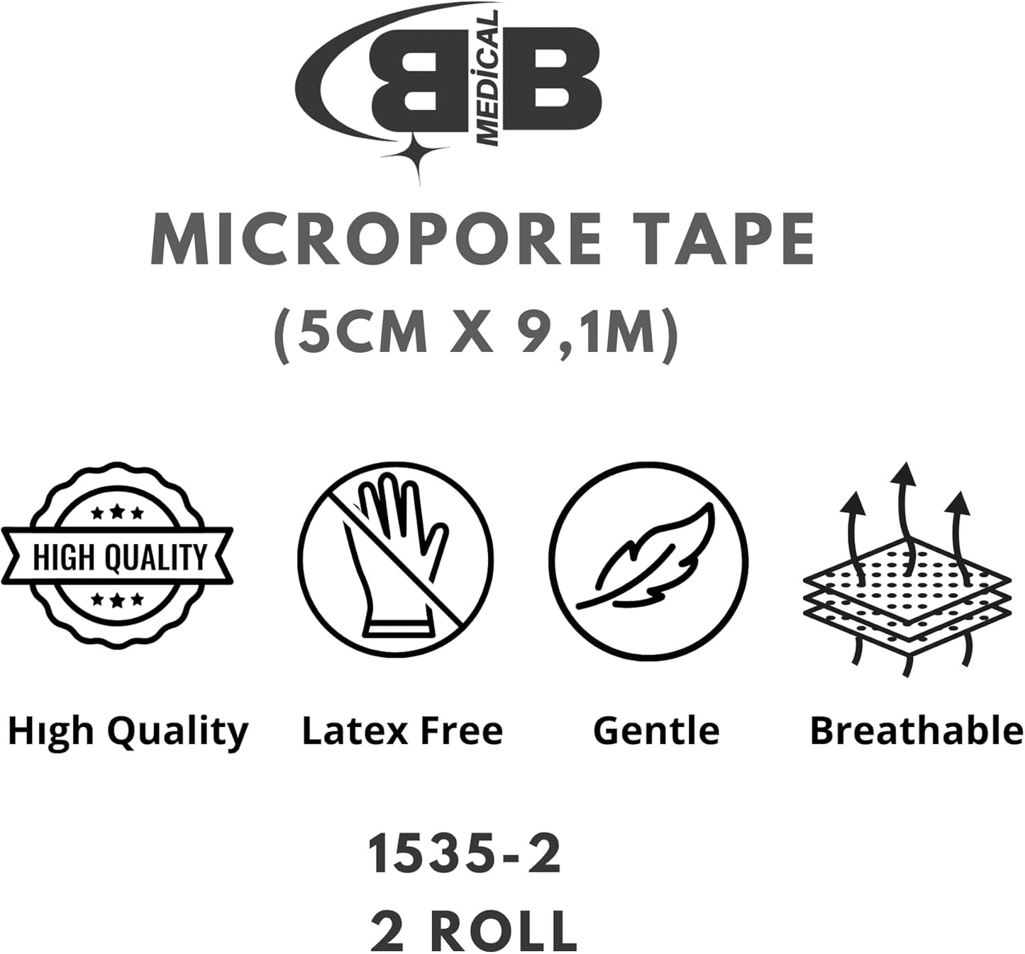 BB Micropore Surgical Tape with Dispenser 1535-2, 2 inch x 10 Yard (5cm x 9,1m),/2 Rolls Tape