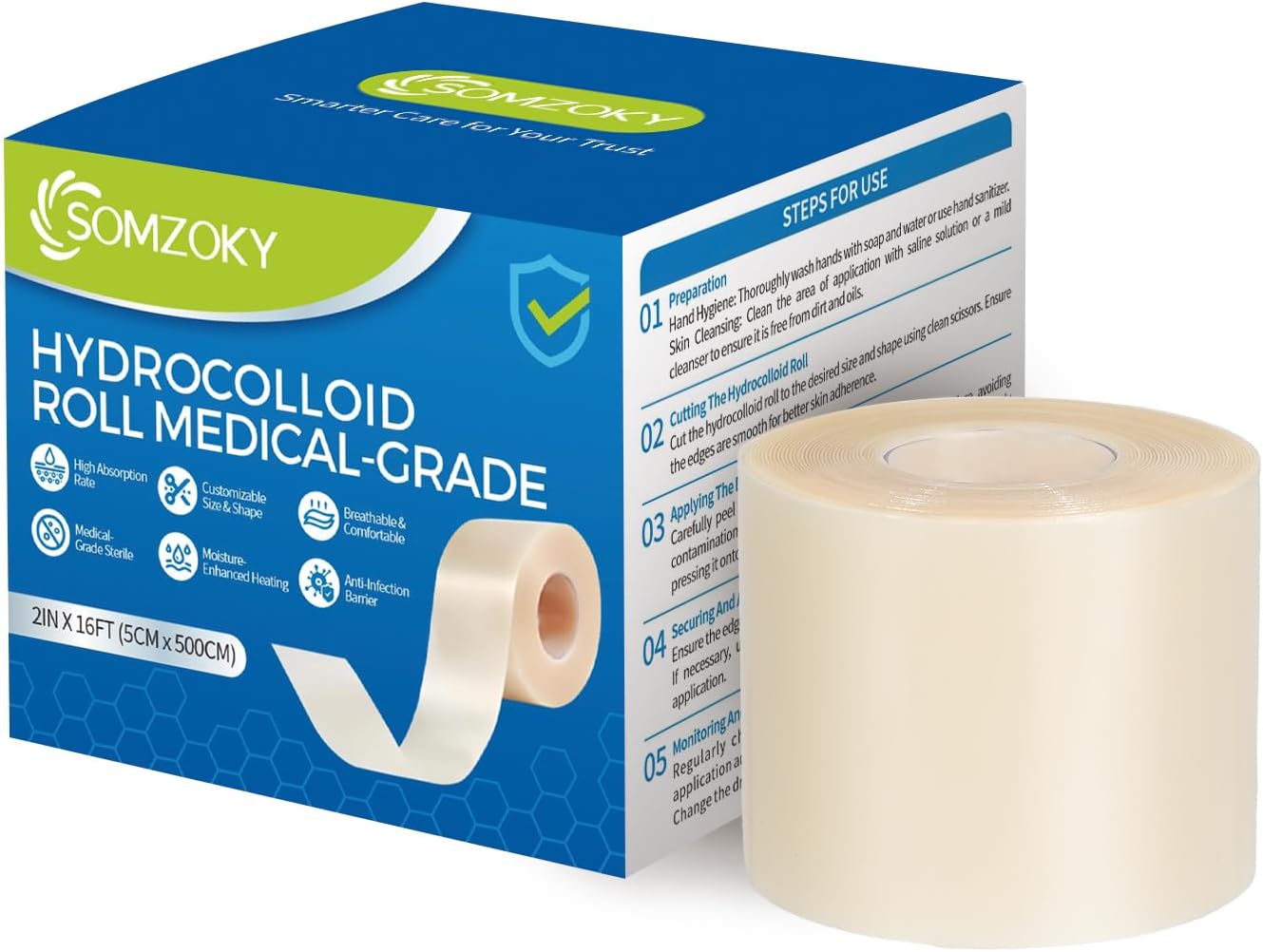 Hydrocolloid Roll for Wound Care, 2in x 16ft Large Hydrocolloid Bandages Patch with Self-Adhesive, Fast Healing, for Acne, Pimple, Burn, Blister, Cuts, Sterile and Waterproof Wound Dressing