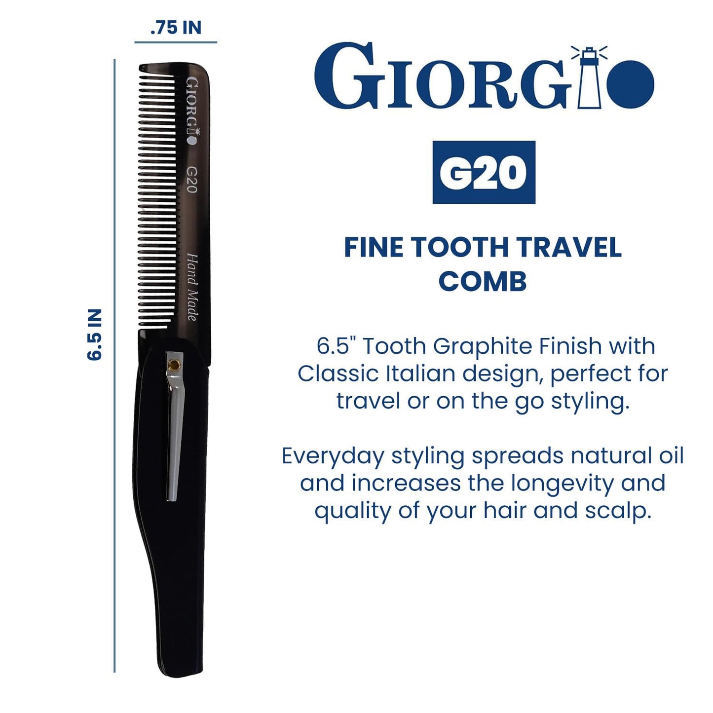 Giorgio G20 Fine Tooth Folding Mustache and Beard Comb - Small Pocket Comb for Everyday Hair Care and Styling - Sawcut and Hand Polished (Black Graphite)