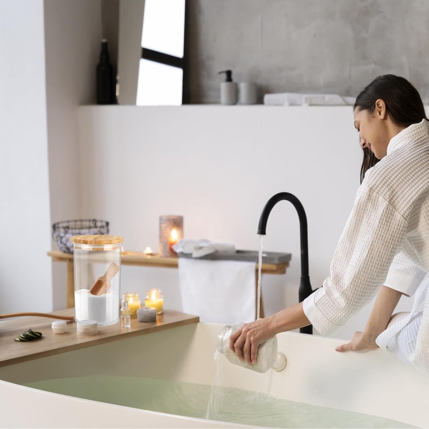 42oz Acrylic Bath Salt Jar with Wooden Scoop Flour Containers with Lids Airtight Epsome Salt Bath for Bathroom Kitchen(Hold 42 Ounces of Bath Salt)