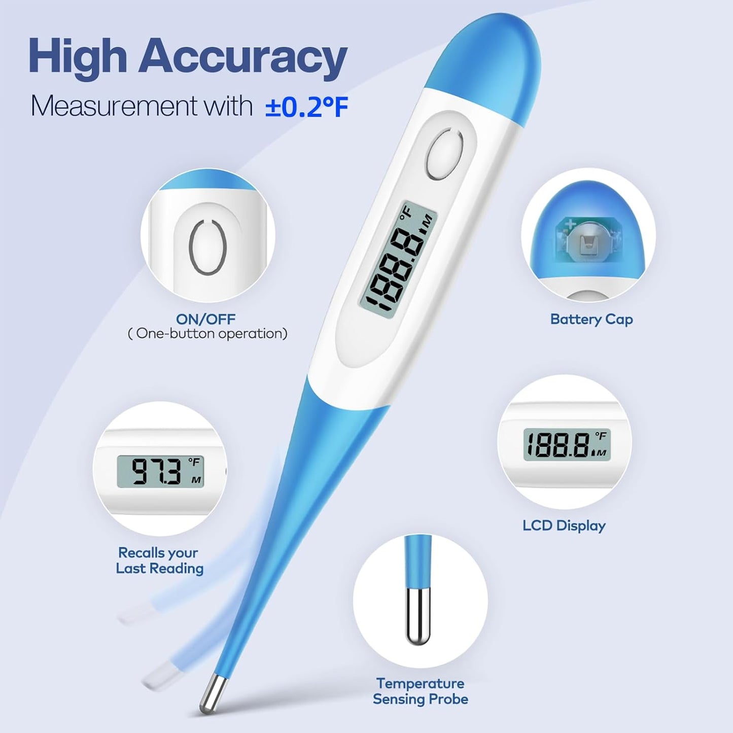 Boncare 10 Seconds Oral Thermometer for Adults and Kids - Accurate & Safe Rectal Digital Thermometer for Baby with Fever Alarm (Light Blue)