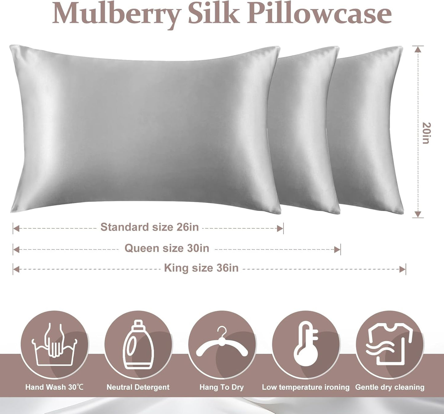 2 Pack 100% Pure Silk Pillowcase for Hair and Skin, Both Sides Mulberry Silk Pillowcases with Hidden Zipper, Cooling Pillowcase 19 Momme, 600 Thread Silk Pillow Cases King Size, Gray