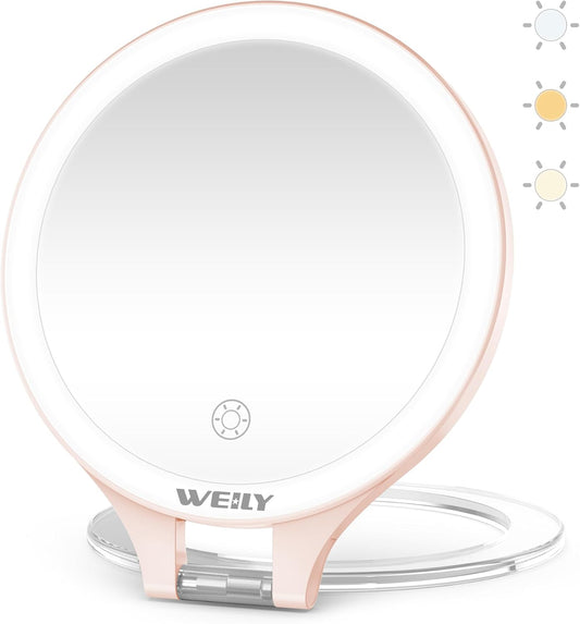 WEILY Magnifying Mirror with Light, 10X/1X Magnification Double-Sided Travel Makeup Mirror, with 3 Color Lights, Touch Control, Rechargeable Portable Mirrors for Bedroom, Bathroom (Pink)