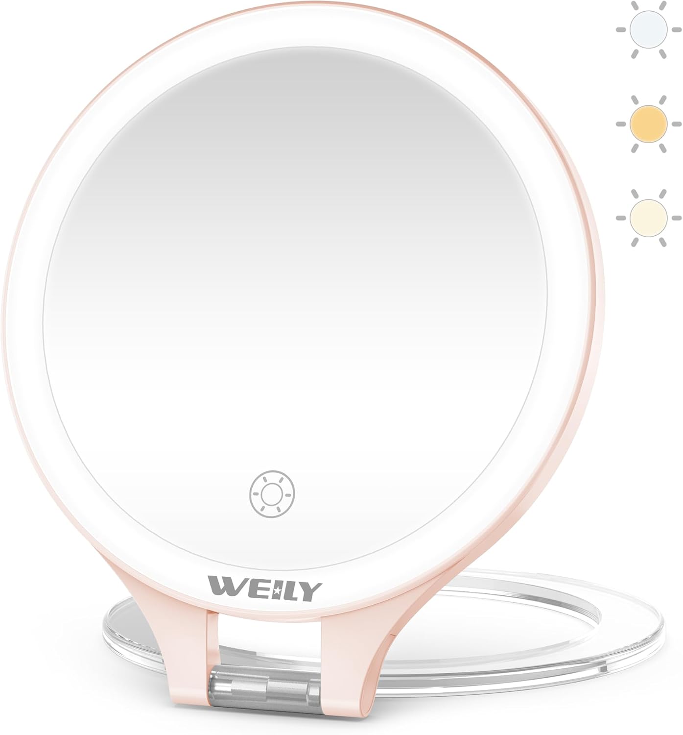 WEILY Magnifying Mirror with Light, 10X/1X Magnification Double-Sided Travel Makeup Mirror, with 3 Color Lights, Touch Control, Rechargeable Portable Mirrors for Bedroom, Bathroom (Pink)
