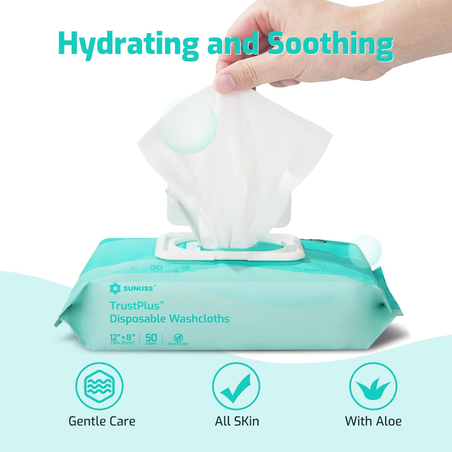 SUNKISS Trustplus Wet Wipes for Adult No Rinse, Extra Large 8”x12” Body Cleaning Washcloths for Elderly Incontinence & Cleansing, Unscented, 200 Count (4 Packs of 50)