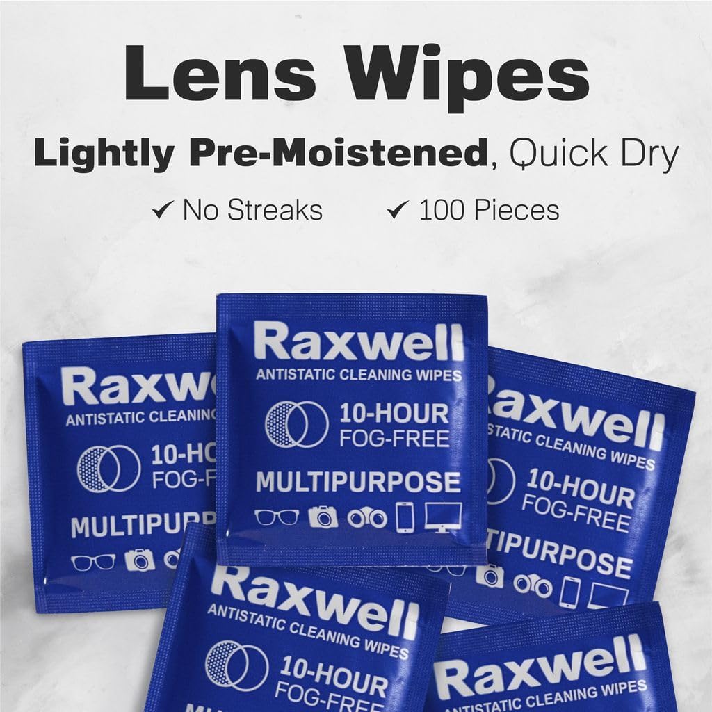 Raxwell Glasses Cleaner Wipes - 200 Count, White, Unscented - Streak-Free Anti-Fog Lens Cleaner & Screen Wipes for All Eyewear & Devices - Portable Individually Wrapped Sachets