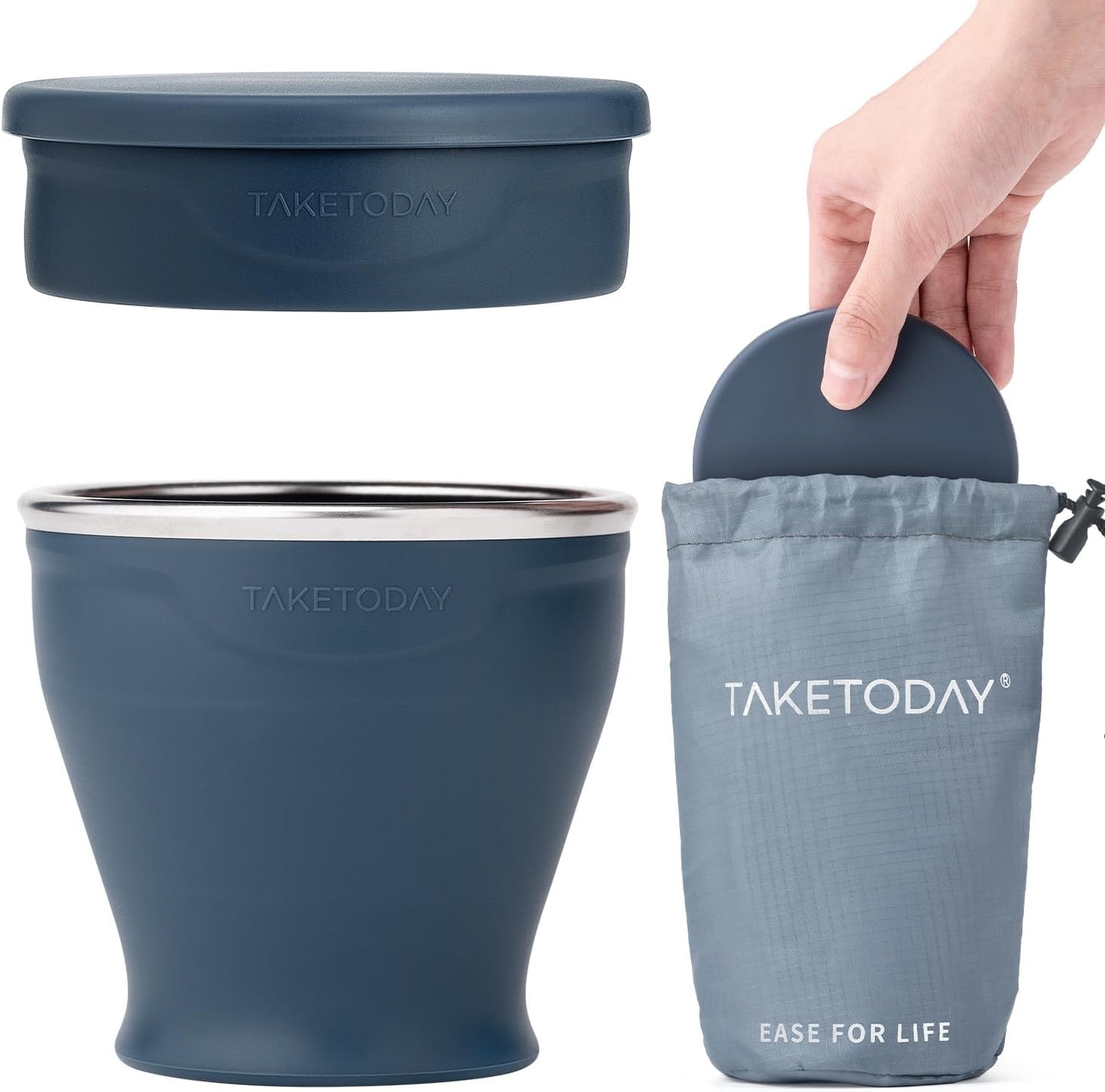 TakeToday Collapsible Travel Cup - Silicone Foldable Water Cup, BPA-Free with Lid & Waterproof Bag - Drinking Cup Set for Camping, Outdoors & International Travel(8 Oz, Navy)