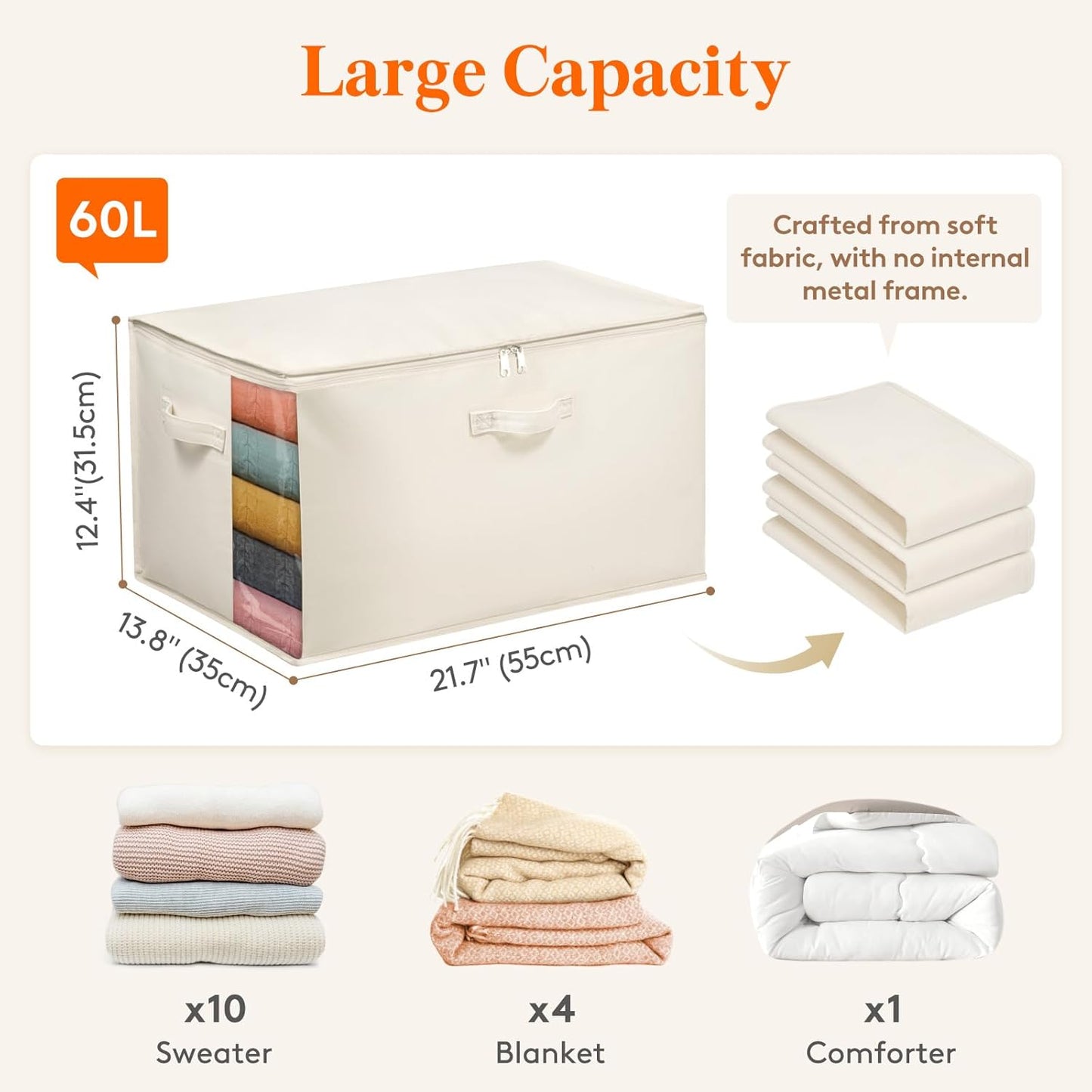 Lifewit Canvas Cotton Comforter Storage Bags with Zipper 4 Pack, 60L Breathable Foldable Clothing Containers, Linen Sweater Organizers Boxes for Clothes, Blankets, Pillows, Duvets, Bedding