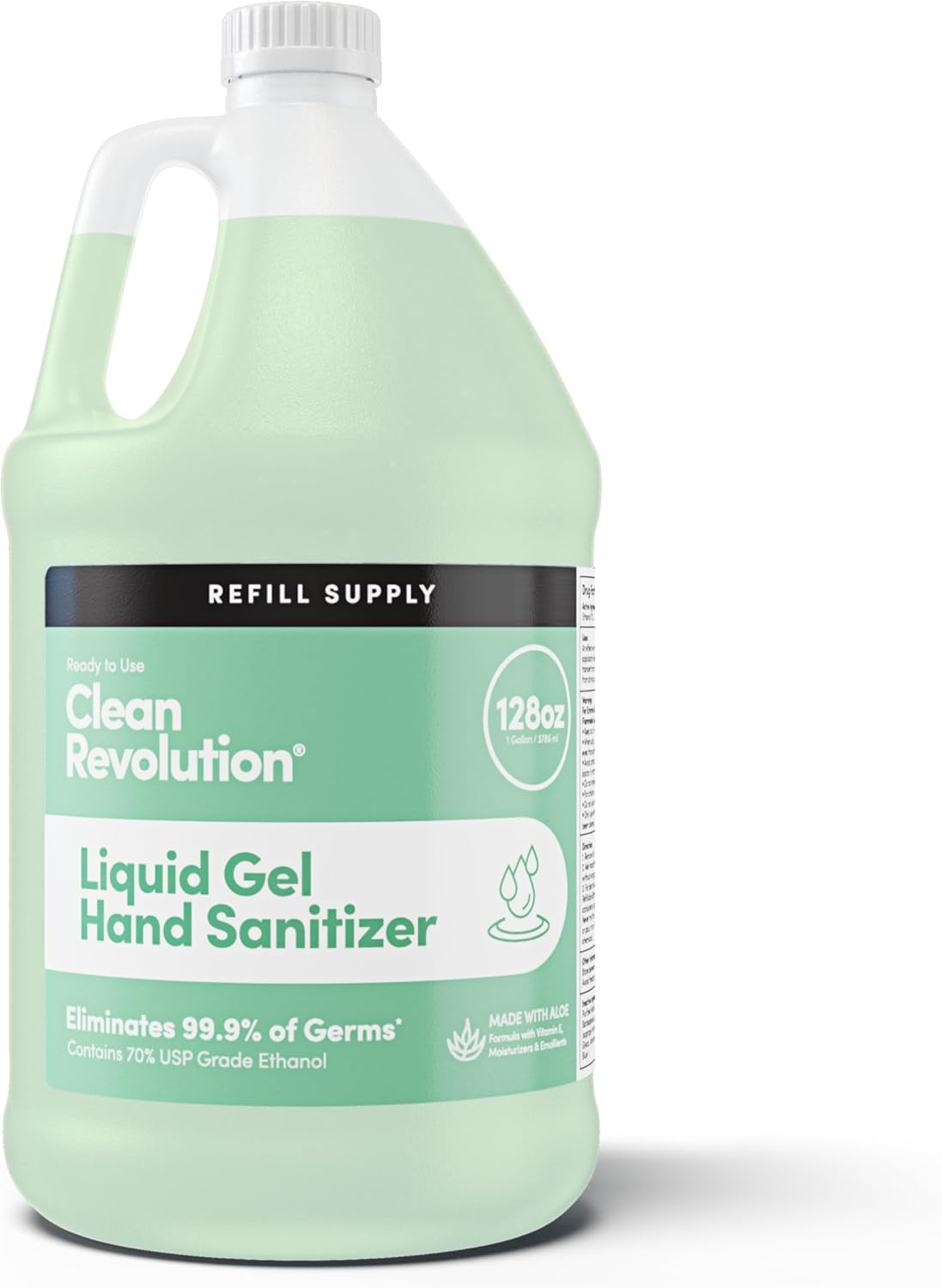 Clean Revolution Liquid Gel Hand Sanitizer, 128 Fl. Oz Refill Supply Container| Eliminates 99.9% of Germs | Gentle & Aloe Enriched | 70% USP Medical Grade Ethanol, Medical Facility Compliant