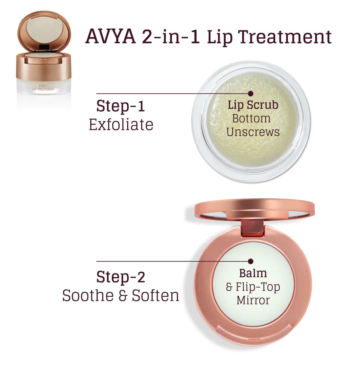 Avya Skincare Two-In-One Lip Treatment/Sugar Scrub Exfoliates and Softens Lips/Balm with Marula and Mango Moisturizes and Nourishes / .07oz