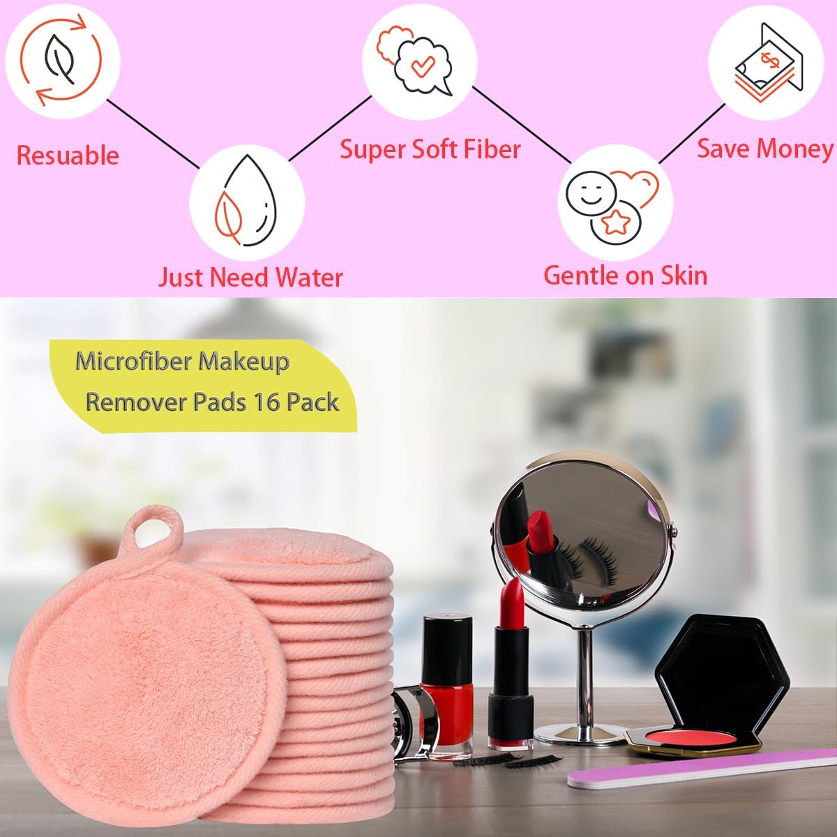 Reusable Makeup Remover Pads 16 Pack Microfiber Cleansing Facial Rounds Wipes Face, Eyes, Lips(3.5inch, coral)