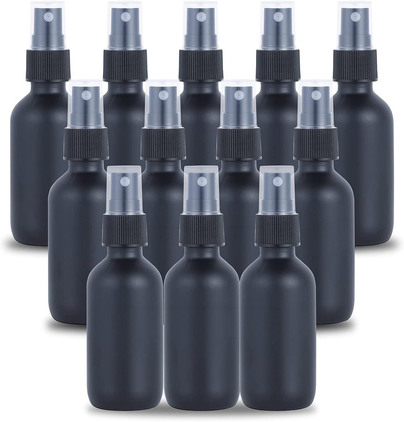 2oz Glass Spray Bottle, Fine Mist Boston Glass Bottles with Black Fine Mist Sprayer Small Clear Bottles for Essential Oils, Bath, Beauty, Hair & Cleaning, Black, Pack of 12