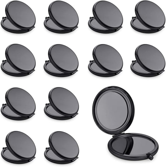 Compact Mirror, Pocket Travel Makeup Mirror for Purse, Metal Round Shell, 2-Sided 1X/2X Magnifying, Portable, Folding, Handheld, Black, 12 Pack