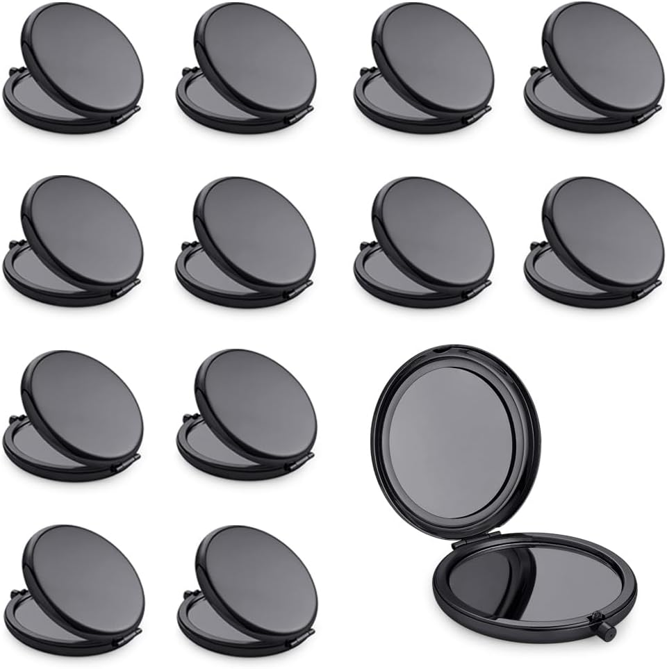 Compact Mirror, Pocket Travel Makeup Mirror for Purse, Metal Round Shell, 2-Sided 1X/2X Magnifying, Portable, Folding, Handheld, Black, 12 Pack