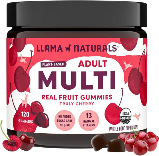 Llama Naturals Multivitamin for Women and Men, Vegan, Organic Gummies with Vitamin D, C and K, Adults Real Fruit Gummy Vitamins, Chewable Multivitamin Supplement, No Added Sugar Cane, Cherry, 120 Ct